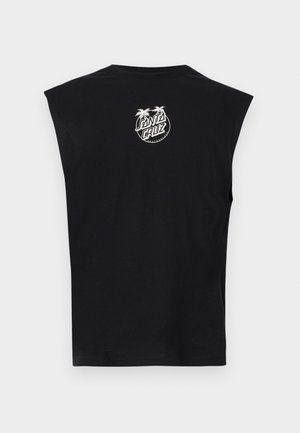 Maglietta nera senza maniche con piccolo logo bianco "Santa Cruz" e due palme stampate sulla parte superiore della schiena.