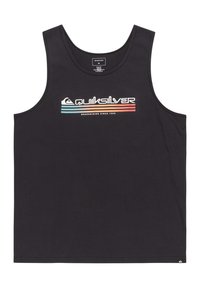 Musta puuvillainen hihaton paita, jossa on pyöreä pääntie. Etupuolella on valkoinen ja värikäs Quiksilver-logo. Tyylikäs ja yksinkertainen muotoilu.