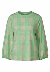 Zielono-beżowy sweterek w kratę z okrągłym dekoltem i długimi, delikatnie bufkowymi rękawami, wykonany z miękkiego, teksturowanego materiału.
