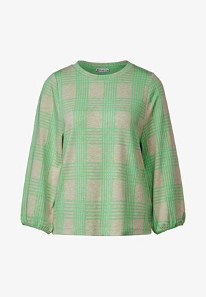 Pullover in tessuto a quadri verde e beige con scollatura rotonda e maniche lunghe leggermente a sbuffo, realizzato in un morbido tessuto testurizzato.