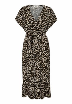 Robe courte à manches courtes mi-longue avec imprimé léopard, col en V, style portefeuille, ceinture à nouer à la taille et ourlet à volants.