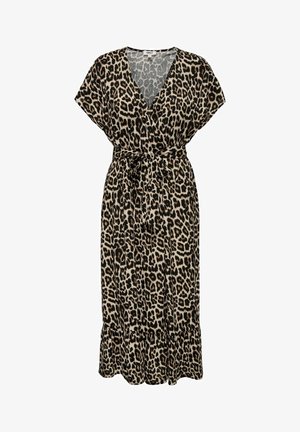 Robe courte à manches courtes mi-longue avec imprimé léopard, col en V, style portefeuille, ceinture à nouer à la taille et ourlet à volants.