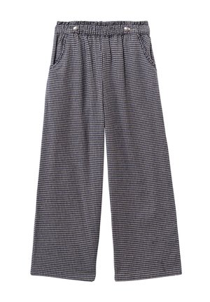 Pantaloni a gamba larga a righe blu navy e bianche, dotati di una fascia elastica in vita, due tasche laterali e dettagli con bottoni. Realizzati in tessuto leggero.