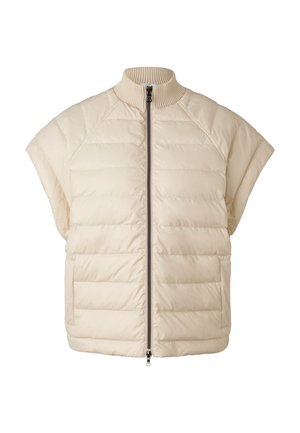 Beige polstret vest uden ærmer med lynlås foran og ribbet høj krave, vandret quiltning og to forlommer.