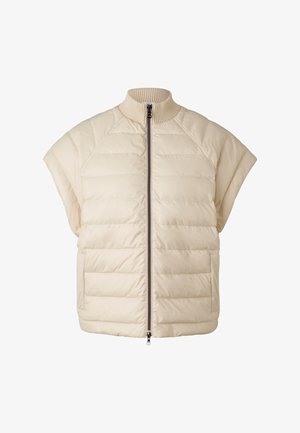 Veste sans manches beige rembourrée avec fermeture éclair à l'avant, col montant côtelé, matelassage horizontal et deux poches avant.
