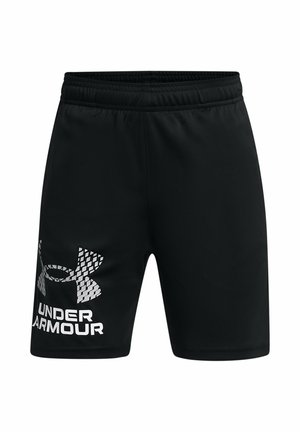 Shorts de sport noirs en tissu léger, ornés d'un logo texturé et d'une écriture en blanc audacieux sur la jambe gauche. Ceinture élastique.