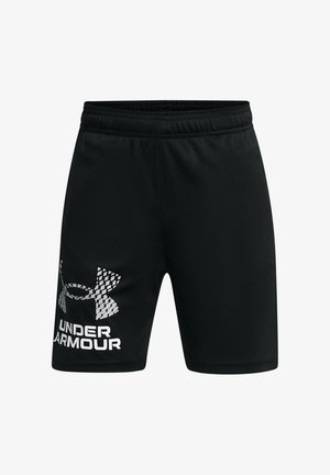 Schwarze Sportshorts aus leichtem Material, mit einem strukturierten Logo und auffälliger, weißer Schrift auf dem linken Bein. Elastischer Bund.
