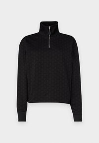 Pull-over noir à quart de fermeture éclair avec un motif texturé, manches longues, poignets côtelés et col montant avec un détail de fermeture éclair argentée.