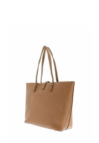 Bolso tote de cuero color tan con doble asa y diseño minimalista. Textura suave, forma rectangular y detalles sutiles de costura.
