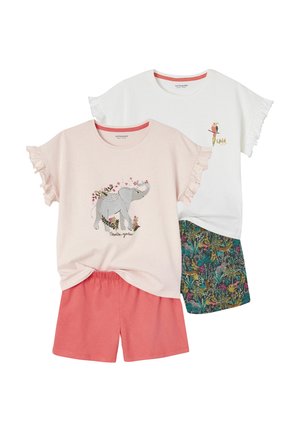 Two sets of girls’ pajamas with ruffled sleeves; one pink with elephant and floral print, coral shorts, the other white with bird print and patterned shorts.