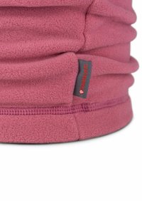 Calentador de cuello de forro polar en rosa, con una superficie texturizada y diseño plegable. Incluye una pequeña etiqueta Primaloft en el lateral.