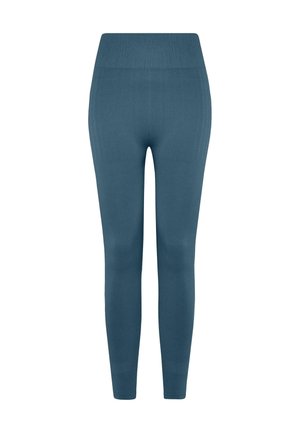 Modré legíny s vysokým pasem, vyrobené z elastického materiálu, s hladkým povrchem a přiléhavým střihem, sahající až k kotníkům.