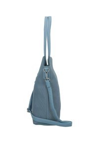 Borsa a tracolla blu con texture, dotata di doppie spalline e tracolla regolabile, con hardware argentato e un design semplice e affusolato.