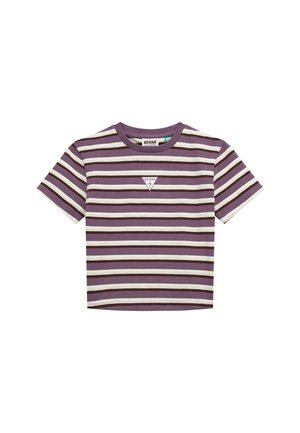 Paarse en witte gestreepte t-shirt met korte mouwen, voorzien van een klein Guess-logo driehoek op de borst, ronde halslijn en rechte zoom.