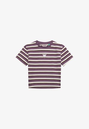 Purple and white striped short-sleeve t-shirt with a small Guess logo triangle on the chest, round neckline, and straight hem.