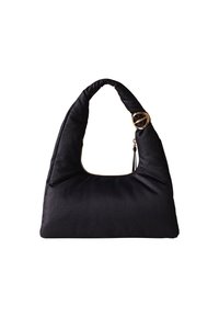 Black textured shoulder bag with a curved handle, featuring a zip closure and a gold circular accent. Material appears soft and padded.