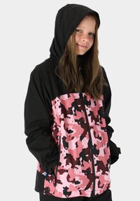 Children's jacket with black sleeves and a pink camouflage pattern. Features a hood, front zipper, and pockets. Lightweight material.