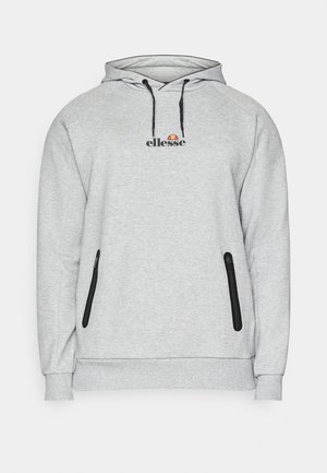Sweatshirt gris avec un logo sur le devant, une capuche avec cordon de serrage et deux poches latérales zippées noires. Fabriqué en tissu doux avec des poignets et un ourlet côtelés.
