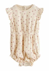 Svetlo rumen rebrast kombinezon z roza pikicami, volančkasti rameni, elastičnim pasom in zapiranjem na pritiskače na dnu za enostavno menjavo.