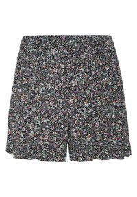 Blommiga shorts med elastiskt midjeband, med en svart bakgrund prydd av små rosa, blå och orange blommor. Mjuk tygkvalitet.