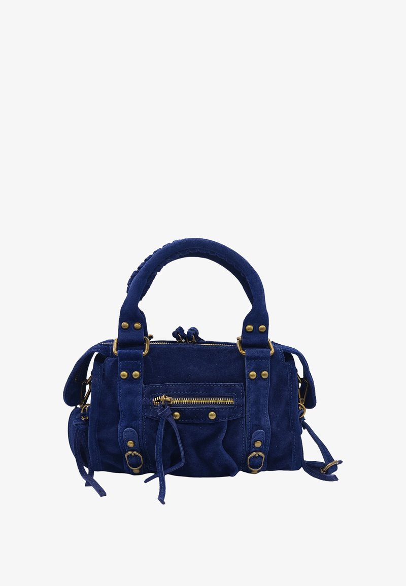 Sac à main en daim bleu marine avec quincaillerie dorée, poche zippée à l'avant, doubles poignées supérieures et sangles réglables. Surface texturée avec surpiqûres décoratives.