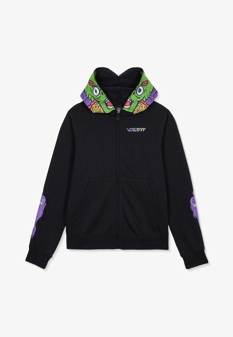 Hoodie noir à fermeture éclair avec un design coloré de visage de monstre à l'intérieur de la capuche, petit logo sur la poitrine et personnages de dessin animé violets sur les manches.