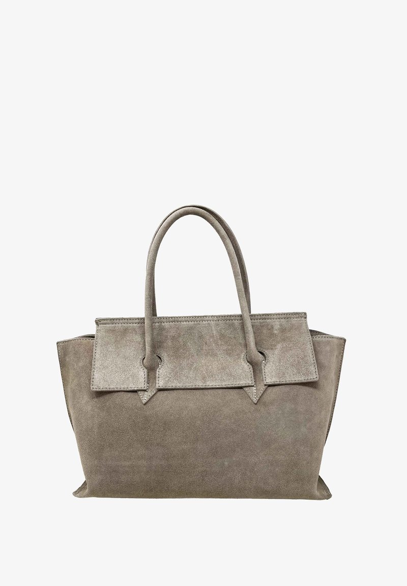 Szara zamszowa torba tote o wizytowym kształcie, z dwoma zaokrąglonymi uchwytami oraz płaskim, składanym klapą z wyostrzonymi akcentami.
