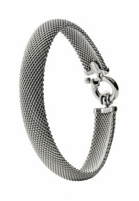 Pulsera de malla tejida de plata con una textura suave, que presenta un cierre redondo y un diseño sin costuras. Apariencia simple y elegante.