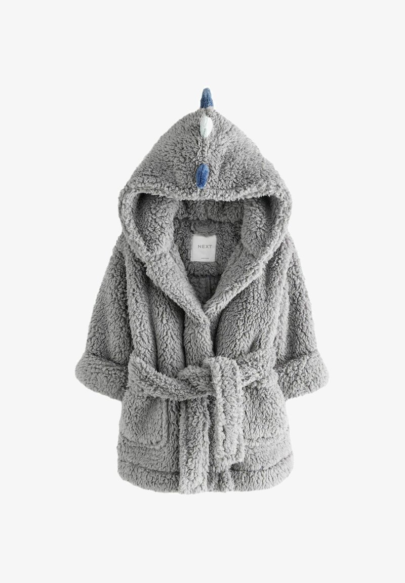 Peignoir enfant gris duveteux avec capuche, pointes en feutre bleues et blanches, poches avant et ceinture nouée.