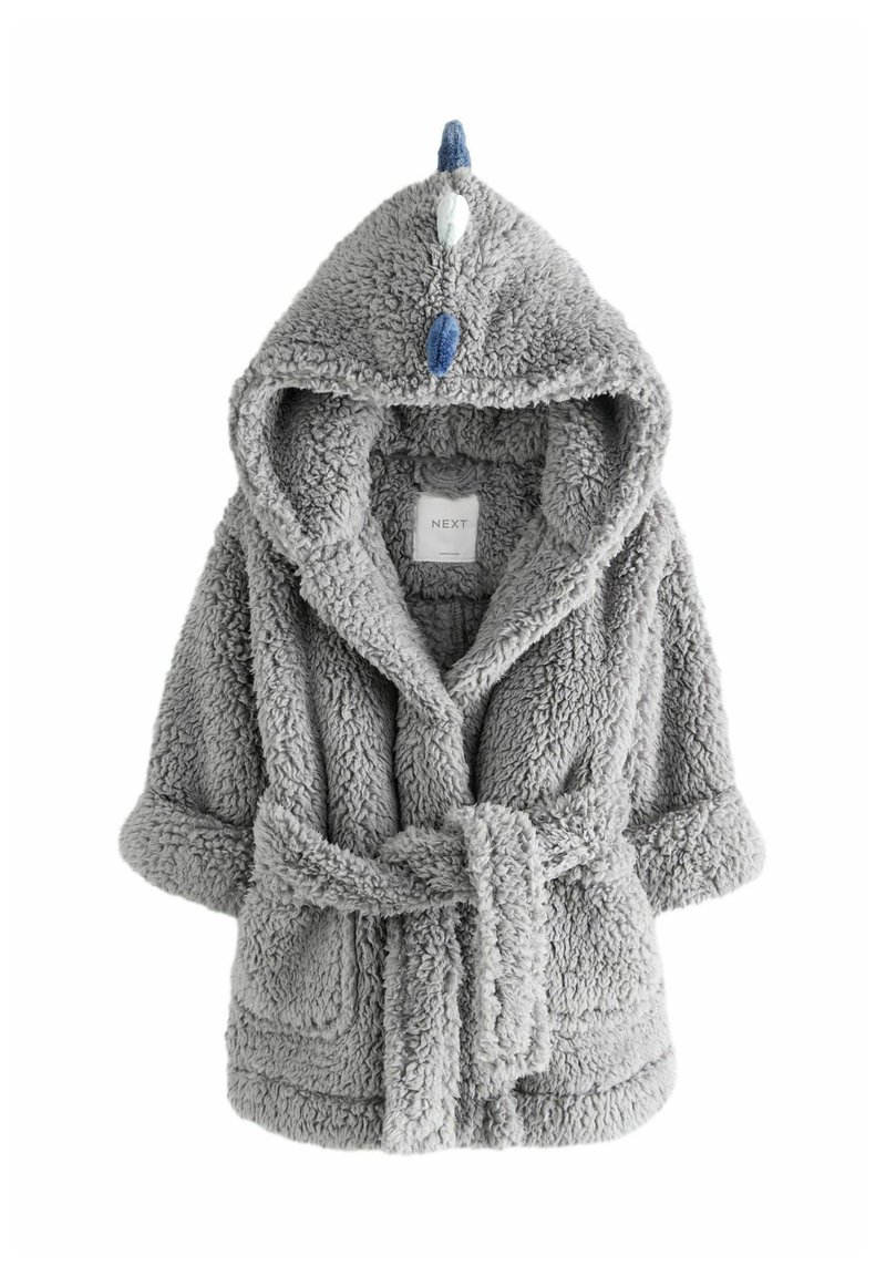 Grau-flauschiger Bademantel mit Kapuze, der eine weiche Textur, Gürtel und farbenfrohe Spike-Akzente an der Kapuze aufweist. Zwei vordere Taschen sind enthalten.