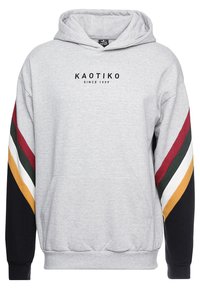 Felpa grigia con cappuccio e tasca frontale, caratterizzata da strisce colorate in rosso, verde, bianco e giallo su maniche. Inserti neri sui polsini.