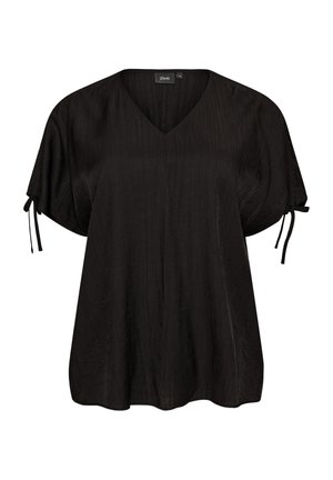 Sort kortærmet bluse med V-hals, løs pasform, diskret teksturmønster og bundne sløjfer på hver ærme.