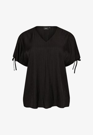 Czarna bluzka z krótkim rękawem, dekoltem w serek, luźnym krojem, subtelnym wzorem strukturalnym oraz wiązanymi kokardami na każdym rękawie.