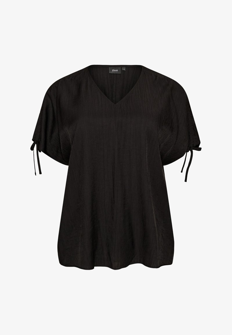Blouse noire à manches courtes avec encolure en V, coupe ample, motif texturé subtil et nœuds attachés à chaque manche.