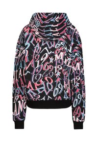 Hoodie met een zwarte achtergrond en kleurrijke zwijgende cijfers en sterren in roze, blauw en wit. Geribbelde mouwen en zoom.