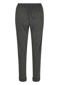 Schiefergraue, tapered Hose mit Fischgrätmuster, elastischem Bund, zwei Gesäßtaschen und umgeschlagenen Säumen. Glatte, strukturierte Stoffoberfläche.