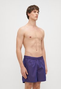 Costumi da bagno da uomo, leggeri, viola, con cintura elastica, tasche laterali, texture liscia, design lunghezza ginocchio. Senza motivi visibili.