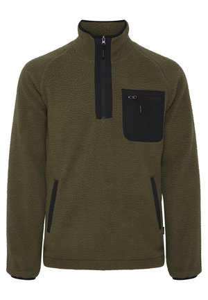Olive green fleece pullover with a high collar, black zippered chest pocket, side pockets, and textured fabric for warmth.