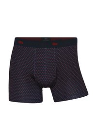 Mørkeblå boxer shorts med et rødt bladmønster, der har en blød talje med brandnavnet trykt. Fremstillet af strækbar bomuldsstof.