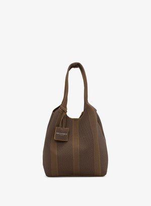 Bolso tote de tela con rayas marrones y negras, asas largas y una pequeña etiqueta cuadrada que dice "Ilse Jacobsen."