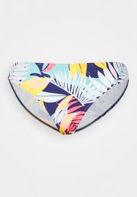 Bikiniunderdel med ett flerfärgat tropiskt lövmönster i huvudsak navy, rosa, gult och mint. Slät tyg med sömmar i kanterna.