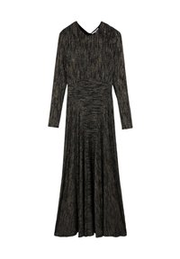 Vestido negro de manga larga con rayas metálicas verticales, corpiño ajustado y falda acampanada. Tejido suave y texturizado, escote redondo y longitud hasta la rodilla.