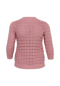 Rosa gestrickter Pullover mit Dreiviertelärmeln, der ein strukturiertes Muster sowie einen gerippten Saum und Rippbündchen aufweist.