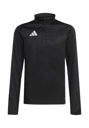 Sudadera deportiva negra de manga larga con cremallera hasta el cuarto y logo blanco de Adidas en el pecho izquierdo.