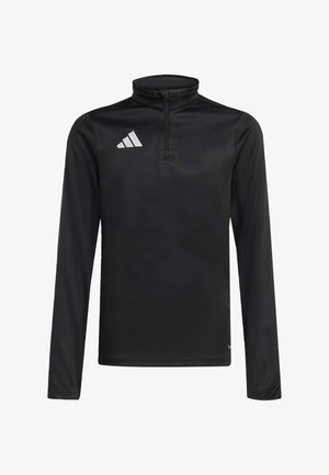 Czarna sportowa bluza z długimi rękawami, suwakiem do ćwiartki i białym logo Adidas na lewej piersi.