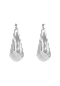 Boucles d'oreilles en métal argenté avec une forme épurée en goutte d'eau, dotées d'une surface lisse et polie ainsi que d'un crochet de suspension sécurisé.