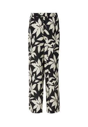 Schwarze weit geschnittene Hose mit großem weißem tropischem Blättermuster und elastischem Bund.