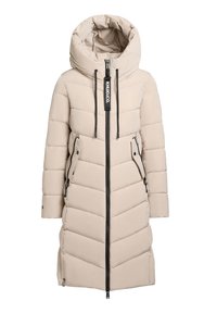 Geacă bej căptușită cu glugă mare, fermoar vertical frontal, buzunare laterale și accente negre. Prezintă un design cu cusături tip chevron.