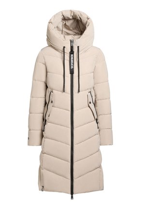 Beiger gestepptes Mantel mit großer Kapuze, vertikalem Reißverschluss vorne, Seitentaschen und schwarzen Akzenten. Verfügt über ein Chevron-Steppmuster.