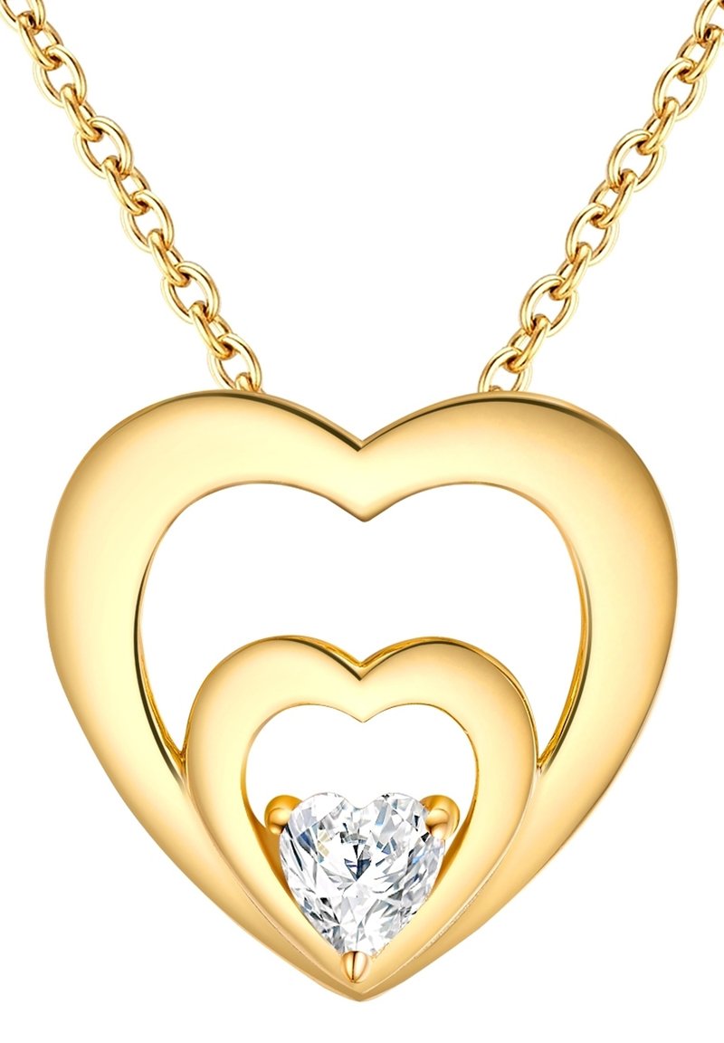 Goldenes Herz-Anhänger-Halsband mit zwei ineinandergreifenden Herzen; ein klarer, herzförmiger Edelstein ist im kleineren Herzen gefasst.